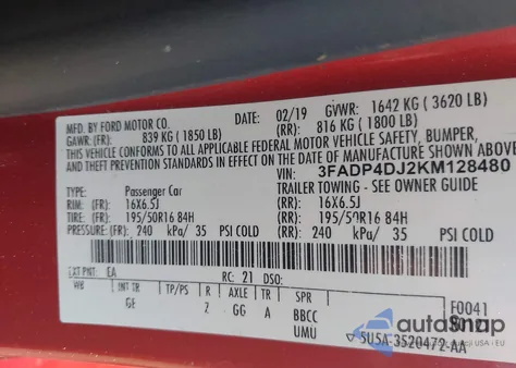 2019 Ford Fiesta St z USA, uszkodzony, nr VIN 3FADP4DJ2KM128480